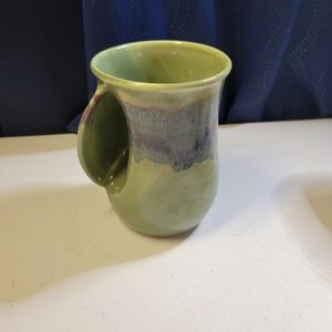 Neher Clay in Motion Hand Warming Mug Cup Pottery left Hand Green Blue Signed
